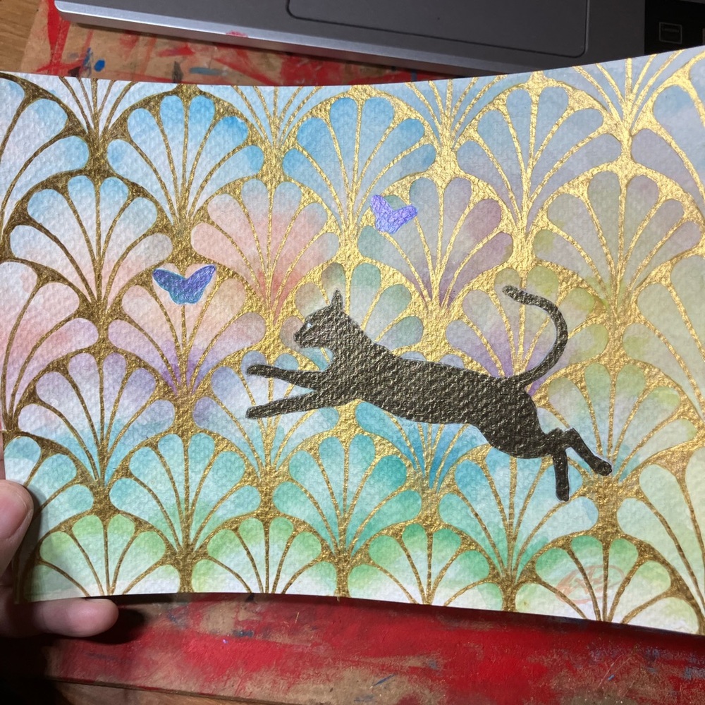 Original cat painting butterflies art nouveau hold accent decor Artettina USA - Picture 3 of 8